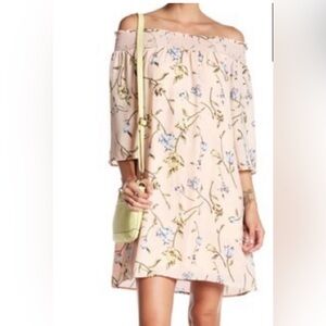 DR2 Daniel Rainn Pink Floral Off Shoulder Smocked Mini Dress S Cottagecore Boho